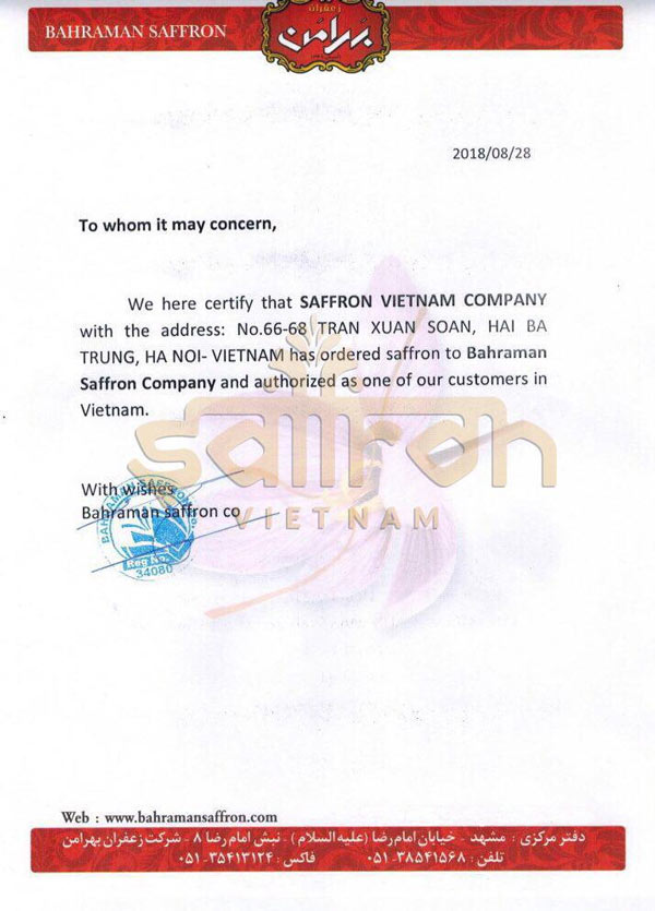 Gi畉� ch畛�g nh畉� h畛� t叩c gi畛� Saffron VIETNAM v� Bahraman Saffron Company
